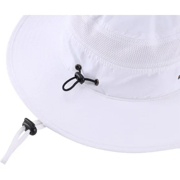 Unisex White 100% Polyester Wide Brim Boonie Mesh With Chin Strap Bucket Sun Hat - Picture 6 of 7